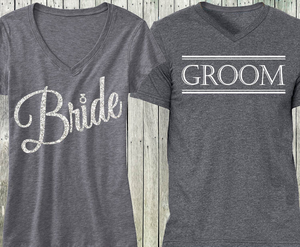 Chic Gray "Bride & Groom" T-Shirt Set with Silver Glitter Script - Perfect for Newlyweds